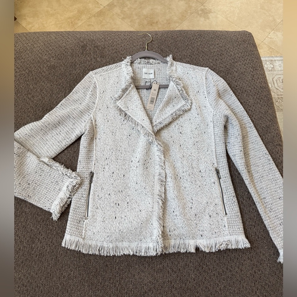 NIC+ZOE Light Gray Fringe Tweed Blazer Jacket